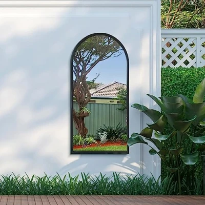 Image of MirrorOutlet The Arcus Black Metal Framed Modern Arched Garden Wall Mirror 47&quot; X 23.5&quot; (120CM 60CM) Black. 2cm Wide Frame and 3cm Deep