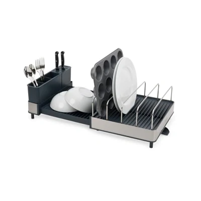 Image of Joseph Extend Max Steel Expanding Dish Drainer Rack, With High Capacity Large For Items, Cutlery And Knife Holder, Swivel Draining Spout, Stainless