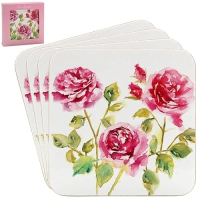 Image of Rose Garden Set of 4 Coasters Pink Watercolour Roses Statement Kitchenware for the Home