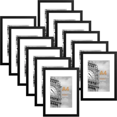 Image of HoziRes A4 Picture Frame Black, Wooden Photo Frames with Mount, Set of 12 for Tabletop and Wall Mounting, 21 x 29cm Poster Printing