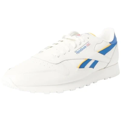 Image of Reebok Women&#039;s Classic Leather Sneaker, Chalk Vector Blue Collegiate Gold, 5.5 UK