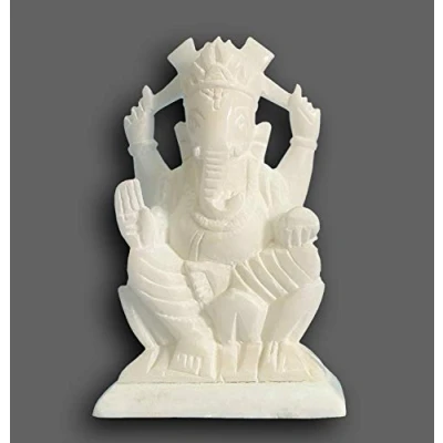 Image of StonKraft Marble White Stone Pooja Puja Ganesh Ganesha Murti Idol Statue Sculpture Left side trunk 6&quot; Inches
