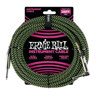 Image of Ernie Ball 25 ft Braided Straight/Angle Instrument Cable Black/Green