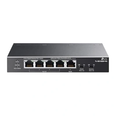Image of TP Link TL SG1005P PD 5 Port PoE Passthrough Gigabit Ethernet Switch 1 PoE++ In@90W, 4 PoE+ Output up to 66W Plug &amp; Play Extend Mode QoS, IGMP, Auto Recovery Powered ONLY Fanless