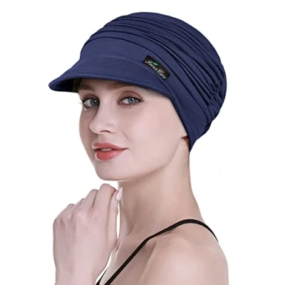 Image of Cotton Newsboy Beanie for Cancer Women Stylish Cap Summer Picnic Headwear Hair Loss Navy
