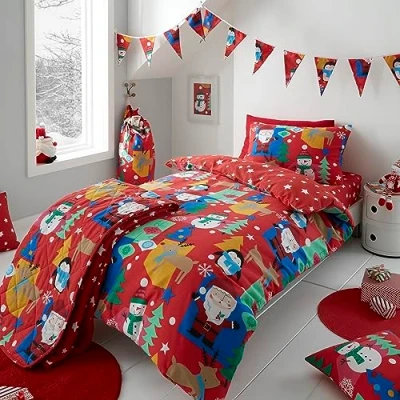 Image of Happy Linen Company Girls Boys Kids Jolly Christmas Xmas Santa Red Toddler Cot Bed Reversible Soft Easy Care Duvet Cover Quilt Bedding Set With Pillow Case