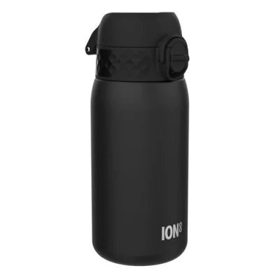 Image of Ion8 Kids Water Bottle, Steel 400 ml/13 oz, Leak Proof, Easy to Open, Secure Lock, Dishwasher Safe, Flip Cover, Carry Handle, Clean, Durable, Metal Carbon Neutral, Black