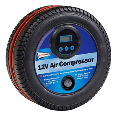 Image of Streetwize Tyre Shaped Air Compressor 12V 250 PSI Inflator, Digital Pressure Gauge (SWAC15)