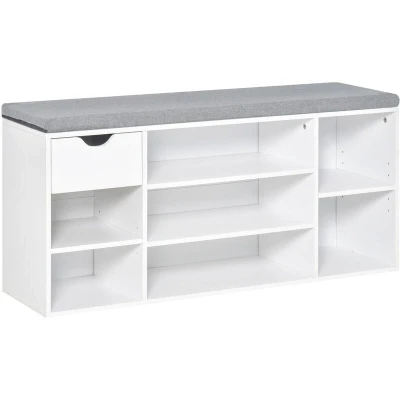 Image of HOMCOM Shoe Bench with Seat Cushion Storage Cabinet 7 Compartments Drawer Adjustable Shelves for Entryway Hallway Living Room White and Grey