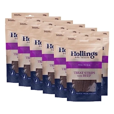 Image of Hollings Treat Strips with Beef Dog Training Treats, 100% Natural, Air Dried for Adult Dogs, Gluten Free &amp; High in Protein 100g (Pack of 12)
