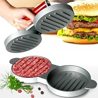 Image of Chabrias Ltd Double Burger Quarter Pounder Maker Mould Press Non Stick Cast Aluminium &amp; Strong Wooden Handle Approx. Size: 28 x 12 9cm