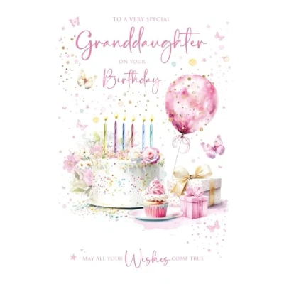 Image of Cherry Orchard Luxury Granddaughter Birthday Card Pretty Presents &amp; Balloons design from Foil Finish and Insert