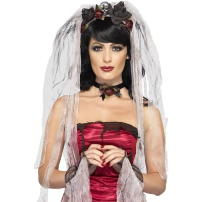 Image of Smiffys Gothic Bride Kit, Black with Rose &amp; Skull Veil, Choker Gloves, Halloween Fancy Dress Accessory, Accessories Up