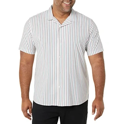 Image of Amazon Essentials Men&#039;s Standard Fit Vacation Shirt, Blue Pink Vertical Stripes, S
