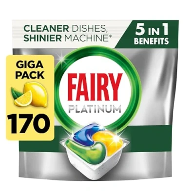 Image of Fairy Platinum All In One Dishwasher Tablets, Lemon, 170 For Tough Challenges, Even Cleans Greasy Filters