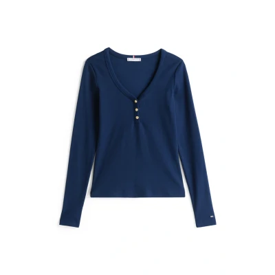 Image of Tommy Hilfiger SLIM Henley Scoop Long sleeved top, Women&#039;s, Size: XXS, Dark night navy