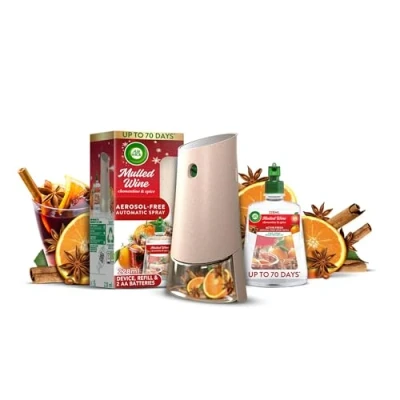 Image of Air Wick Aerosol Free Automatic Freshener Spray Kit Mulled Wine 1 Gadget, Refill and 2 AA Batteries 24x7 Active Fresh Odour Neutraliser Lasts Up to 70 Day