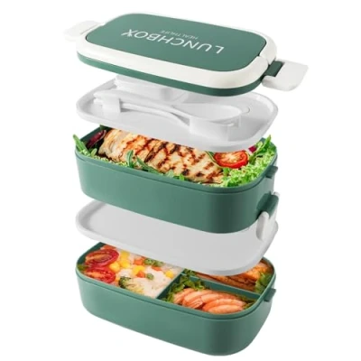 Image of Bento Lunch Box Stackable,1500ml Containers with 4 Compartments and Cutlery, Leakproof 2 Layer Boxes, for Adults Kids Office, Microwave Dishwasher Safe (Green)