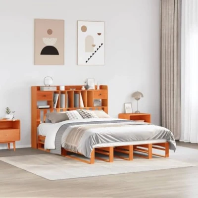 Image of vidaXL King Size Solid Pinewood Bookcase Bed Frame Wax Brown, 228.5x156x110 cm, Slatted Base, Headboard with Storage