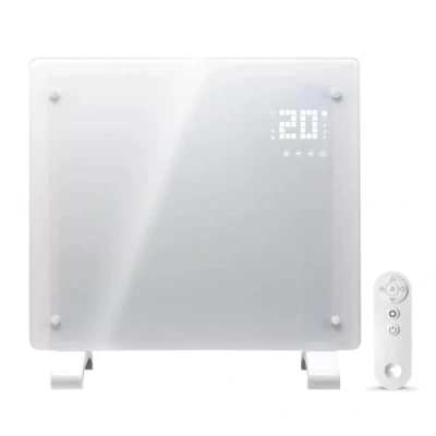 Image of Devola Wifi Enabled Smart Electric Glass Panel Heater 500W Alexa Heating Control, Open Window Detection, Wall Mounted &amp; Free Standing Low Energy Heaters with Timer Lot 20, DVPW500WH (White)