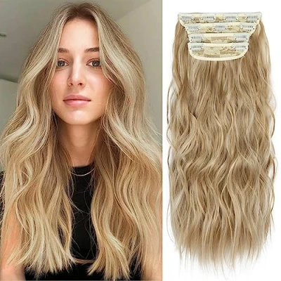 Image of 4Pcs Blonde Hair Extensions Clip in, Wavy Synthetic in Extension, 20 Inches Long for Women Full Head (8AH613#,4pcs)