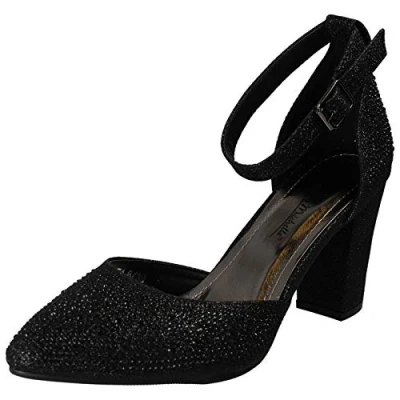 Image of Anne Michelle Ladies Block Heel Glitter Court Shoes Black Textile UK Size 6 EU 39 US 8