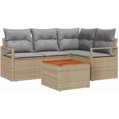 Image of vidaXL 5 Piece Garden Sofa Set with Cushions Beige Poly Rattan Acacia