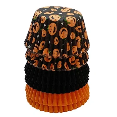 Image of Scrumptious! Halloween Mini Muffin Cases Pumpkin, Orange and Black 150 Greaseproof Paper Spooky Cupcake Ideal for Autumn Themed Party Cakes, Bakes Sweets
