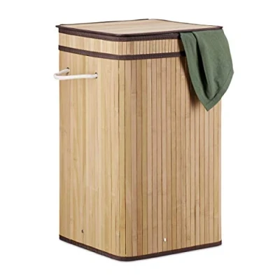 Image of Relaxdays Natural Bamboo Pop Hamper, Handle, Portable, 70 L Load, Square Laundry Bag, HxØ: 63 x 36 cm, cm
