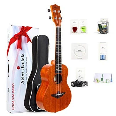 Image of Left Handed Concert Ukulele AKLOT Top Solid Mahogany 23 Inch Uke with Free Tutorial and Beginner Kit (Gig Bag, Picks, Tuner, Strap, String, Cleaning Cloth)
