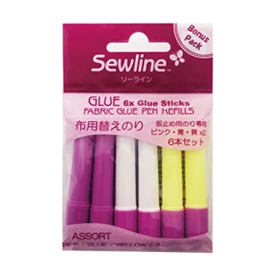 Image of Sewline FAB50062 Refill for Textile Glue Stick, Water Soluble, 6 Pieces: 2 x Blue; Yellow; Pink