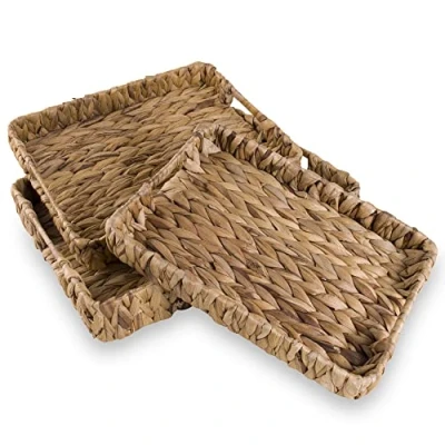 Image of E&amp;W Rectangle Water Hyacinth, Decorative Natural Hand Woven Seagrass Serving Tray with Handles (Medium)