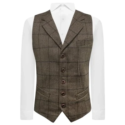 Image of King &amp; Priory Peanut Brown Herringbone Check Waistcoat with Lapel XL, Brown, XL 44in Chest