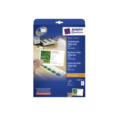 Image of Avery Zweckform C32011 10 Sheets Business Cards Uncoated White 200g Suitable for Inkjet Laser Copier Flat Cut Sides