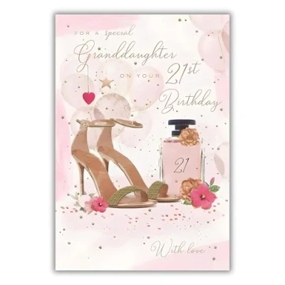 Image of ICG Granddaughter 21st Milestone Birthday Card Age 21 Shoes and Perfume Embossed with Foil Flitter Details