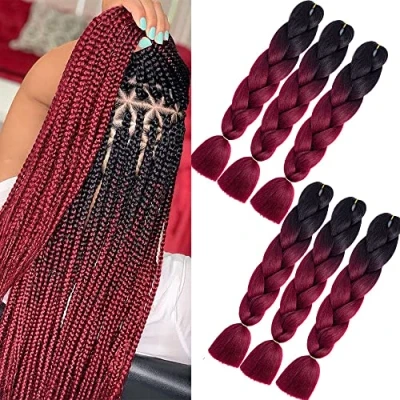 Image of Kanekalon Braiding hair Burgundy Jumbo braids 6pc/lot ombre 24inch Yaki Synthetic Braid Extension for box crochet (24 Inch, Black Burgundy)