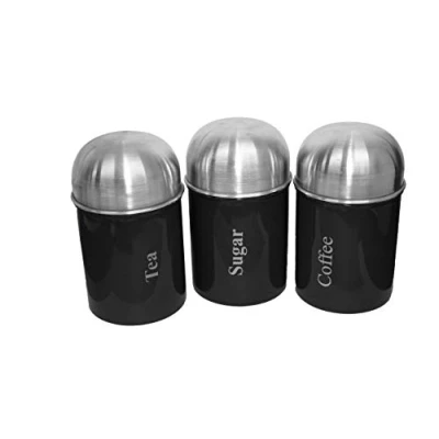 Image of 3pcs Stainless Steel Black Dome Canister Tea Coffee Sugar Kitchen Storage Jar Pot Set (Black)