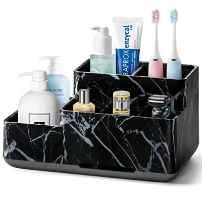 Image of Toothbrush Holder, Detachable Non Slip Electric Holder with 6 Compartments and Drainage Holes Bathroom Organiser for Bathroom, Kitchen, Family (Black Marble)