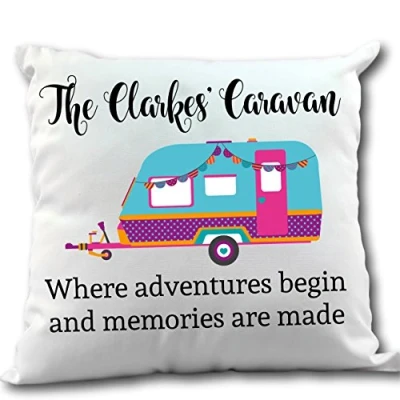 Image of the T bird Personalised caravan cushion Cover adventures begin memories made gift camping lover decor holiday home present comfort scatter