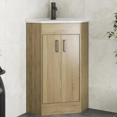 Image of Affine® 585mm Corner Vanity Unit Basin Sink Bathroom Storage Cabinet Cupboard Freestanding, Single Tap Hole Ceramic Wash Basins, Soft Close Doors, Oak Wood Effect