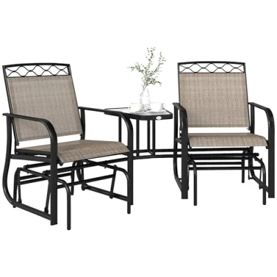 Image of Outsunny Double Outdoor Glider Chair, 2 Seater Patio Rocking Chairs, Swing Bench with Tempered Glass Table, Breathable Mesh Fabric for Backyard, Garden, Porch, Brown