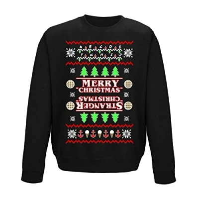 Image of Flip Stranger Christmas Scoops Ahoy Hawkins Kids Sweatshirt Jumper Black 12 13 Years (XL)