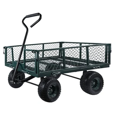 Image of MOUNTALL Utility Steel Garden Cart Trolley 350kg Heavy Duty Black Mesh Gardeners Wagon, Folding Sides, 10 inch Pneumatic Tyres, Outdoor for Gardening, Festivals, Camping