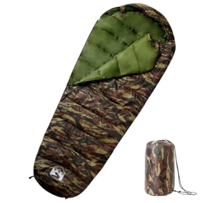 Image of vidaXL Mummy Sleeping Bag for Camping, Hiking Adult 3 Seasons, Water Resistant Polyester, Drawstring Hood, Double Zipper, Camouflage 215x85cm