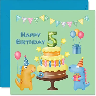 Image of 5th Birthday Card Boy Dinosaur Party Happy 5 Year Old Boy, Boys Cards for Him, 145mm x Greeting Son Nephew Grandson Kid Children