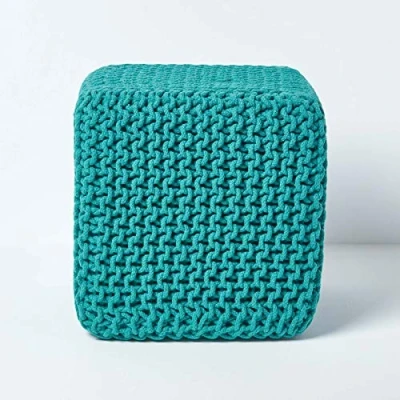 Image of HOMESCAPES Teal Green Knitted Cube Footstool Bean Filled 100% Cotton for Living Room Children or the Elderly