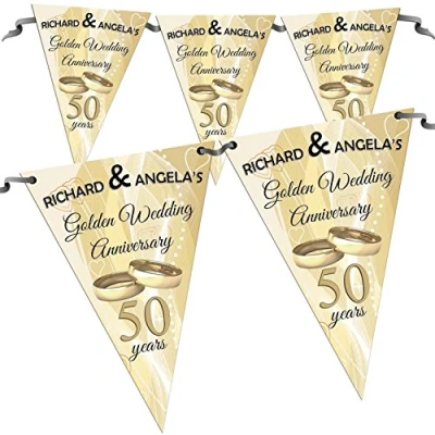 Image of Personalised 50th Golden Wedding Anniversary Flag Banner Bunting N11 10 Flags inc ribbon Hanging Decoration
