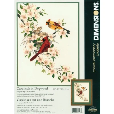 Image of Dimensions D01516 Cardinals In Dogwood Picture Crewel Embroidery Kit 28 x 38cm