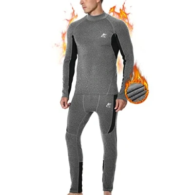 Image of MeetHoo Men&#039;s Thermal Underwear Set, Fleece Lined High Neck Base Layer Compression Long Johns for Winter Running Skiing Grey