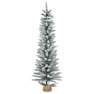 Image of Pencil Christmas Tree Artificial Snow Covered Green Pine Jute Fabric Base 1.5m